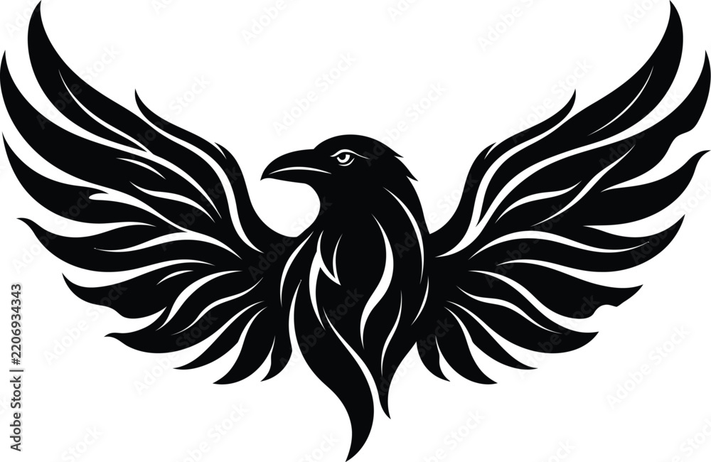 Fototapeta premium Black raven bird vector logo, tribal crow icon emblem, flying raven tattoo