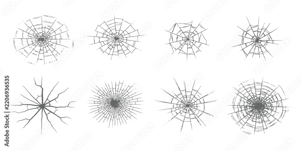 Obraz premium Set of broken glass texture with bullet hole cracks radial spiderweb shatter marks vector illustration.