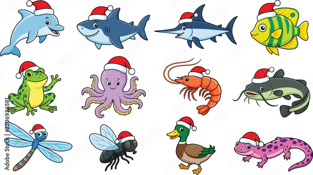 Obraz premium Sea Creatures & Animals in Santa Hats – Christmas Ocean & Wildlife Cartoon Set