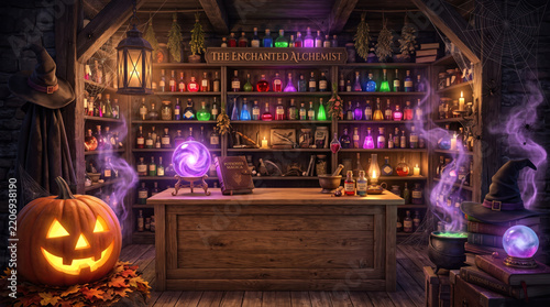 Halloween potion shop background with glowing bottle, oversized pumpkin, crooked witch hat, magical shelf, and mystical vapor creating enchanting.