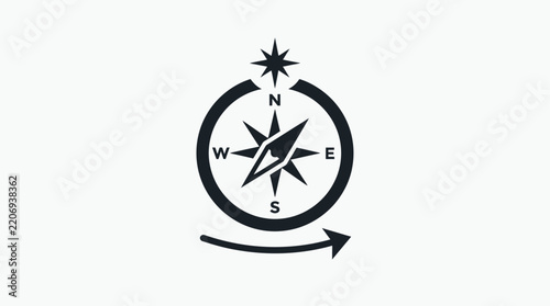 Minimalist Compass Navigation Icon Featuring a Rotating Directional Arrow Symbol for Modern Travel and Precise Geographic Wayfinding Interface