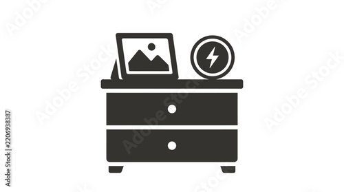 Minimalist vector icon of a bedside nightstand furniture piece featuring a framed picture and a circular electrical energy or lightning bolt symbol