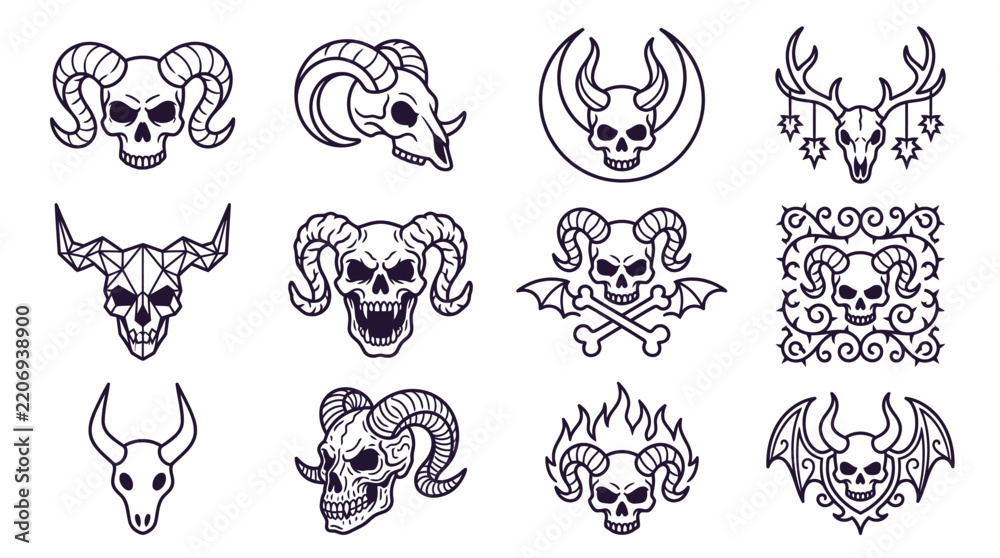 Fototapeta premium Elegant Black and White Ram Skull and Horns Tattoo Design Collection with Dark Thematic Variations
