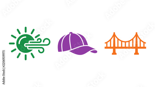 Bright sun icon with rays stylized baseball cap orange suspension bridge illustration sports cap vector icons vector art