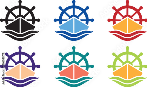 Nautical ship wheel and waves logo vector set color variations