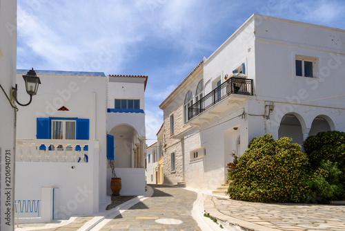 Traditional Greek architecture of Chora, the capital of Andros island. Cyclades, Greece