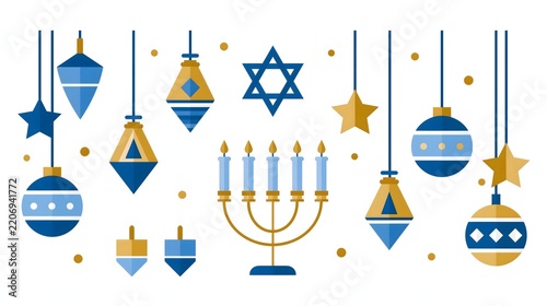 Contemporary flat vector Hanukkah illustration featuring menorah, dreidels, candles, stars and blue and gold geometric ornaments, clean geometric shapes, modern cultural holiday design, balanced