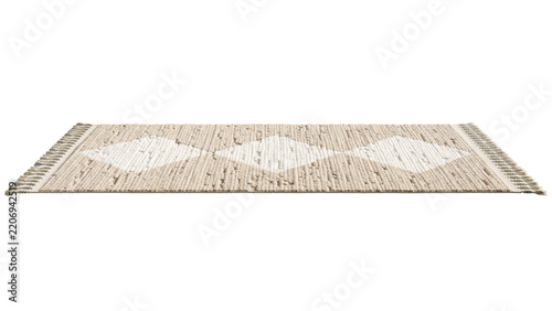 Beige polypropylene rug with stacked diamond high-low texture and long tassel fringe, shown as a 3D render and visualization for modern and bohemian interiors.