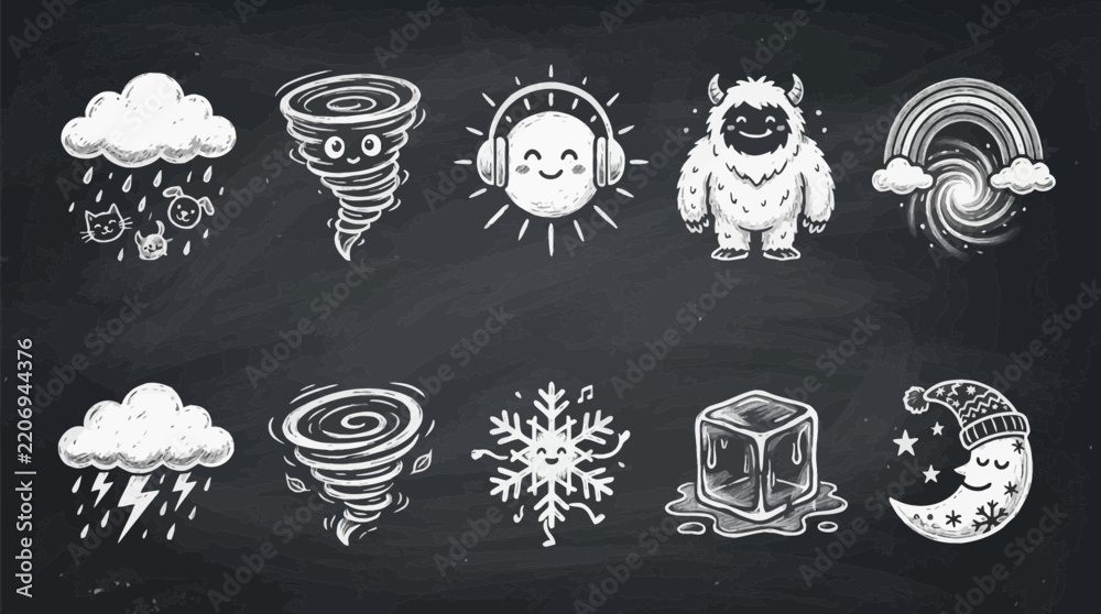 Fototapeta premium Chalkstyle illustrations of ten varied weather icons arranged in two rows on a dark chalkboard background
