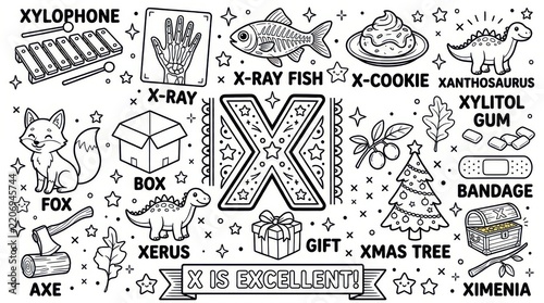 Educational coloring pages for children featuring letters x, u, and l with various objects starting with those letters, isolated on white background