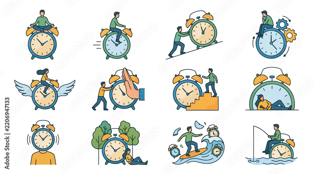 Obraz premium Elegant Illustrated Collection of Time Themed Alarm Clocks with Diverse Human Activities and Emotions
