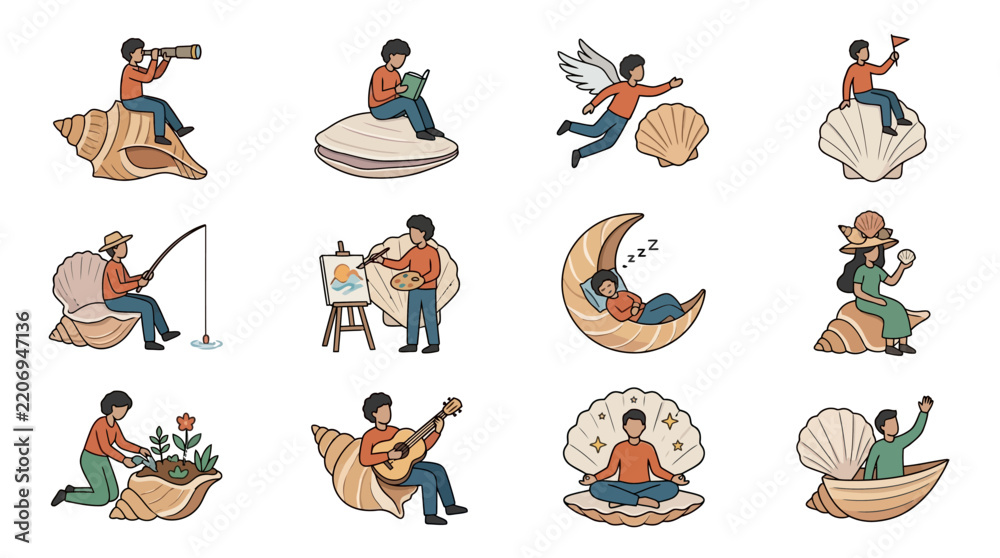 Obraz premium Elegant Illustrated Collection of Whimsical Characters Engaged in Creative and Relaxing Activities on Seashells and Clouds