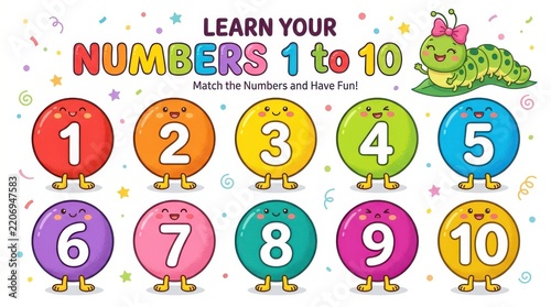 Colorful numbers 1 to 10 chart for children with cute characters