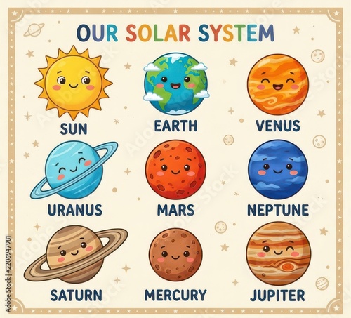 Cute cartoon illustration of the solar system with planets and the sun isolated on white background