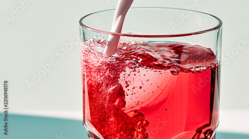 Refreshing red dirty soda with ice, bubbles and creamy pink syrup pouring into a clear glass for a colorful fizzy beverage