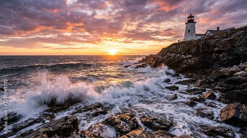 Sunset bathes rocky shore in warm, golden light. Lighthouse stands tall, guiding ships through crashing waves. Foam explodes against jagged stones, revealing raw ocean power. Sky bursts with amber