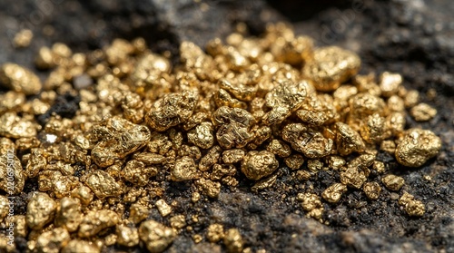 Golden nuggets gleam against dark, rough earth. Shiny, irregular pieces catch the light. Natural, unrefined treasure lies scattered. Ideal for financial or geological themes
