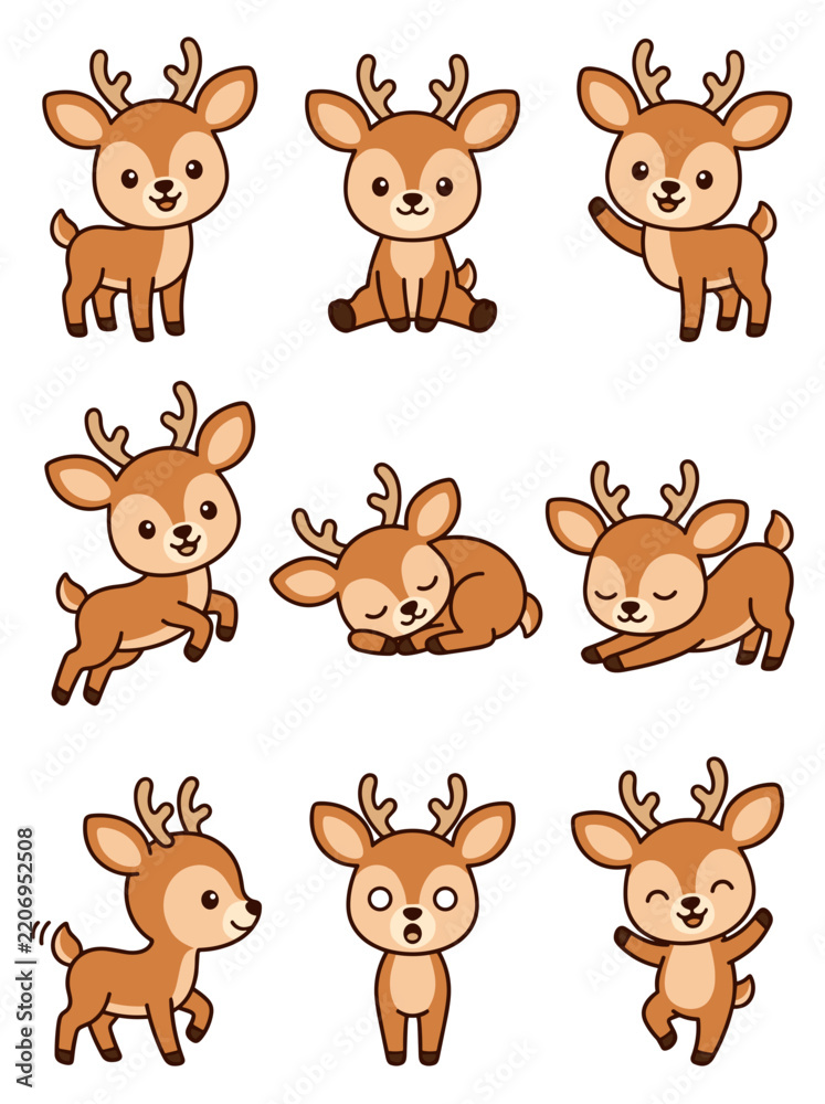 Fototapeta premium Cute deer character vector illustration set showing diverse playful poses and expressions for creative design projects in flat style art
