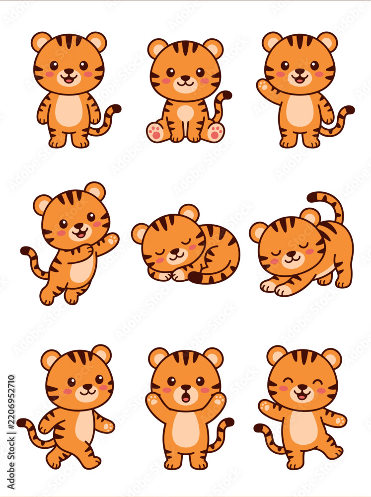 Obraz premium Cute cartoon tiger vector illustration set featuring various adorable poses, playful expressions, and vibrant orange fur patterns for design projects