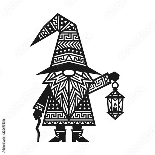 Stylized gnome illustration with intricate geometric patterns holding a glowing lantern