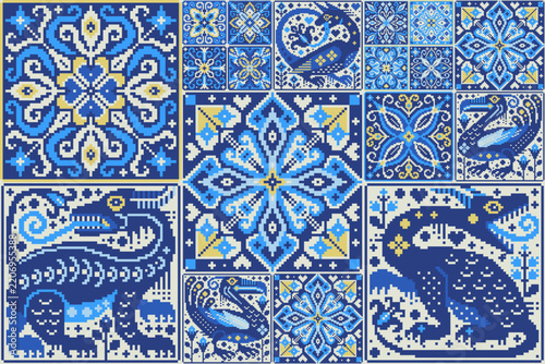 Pixel Art Blue and White Folk Pattern with Geometric Ornaments Mediterranean Tile
