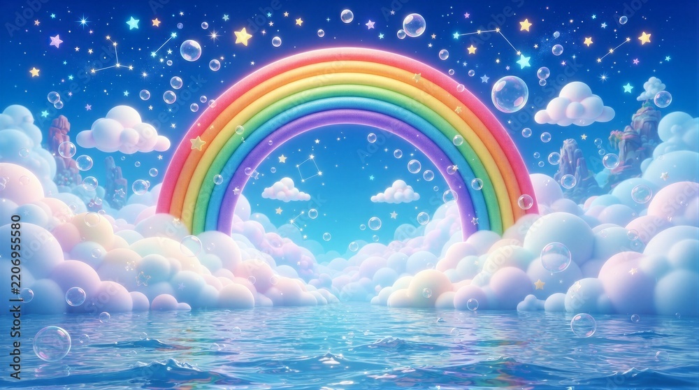 Obraz premium Vibrant rainbow arches over fluffy clouds. Bubbles float gently in the starlit sky. Soft clouds drift above sparkling water. The scene feels dreamy and peaceful
