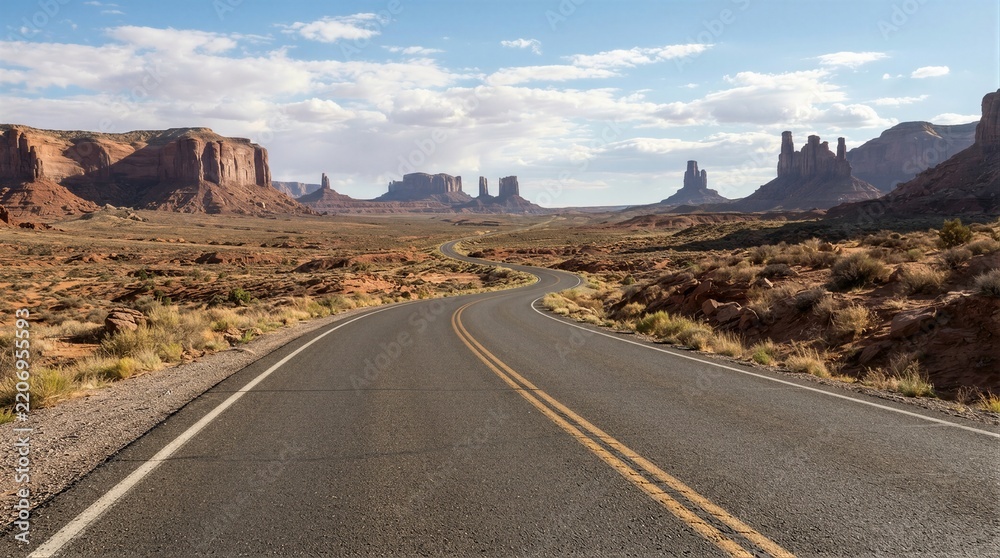 Fototapeta premium Winding road cuts through arid desert landscape. Majestic rock formations rise in background. Sky holds scattered clouds above. Desert brush lines the asphalt edges