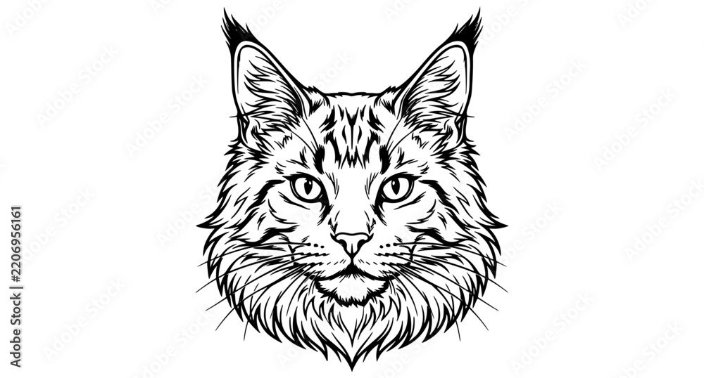 Fototapeta premium Maine Coon Longhair Cat Three Quarter Head Portrait Black White Vector