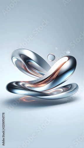 Polished liquid metal ribbon twists with copper reflections on a pale gray backdrop