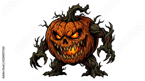 Spooky Halloween evil pumpkin monster with glowing eyes, sharp fangs, and tree branch claws, creepy jack o lantern vector illustration