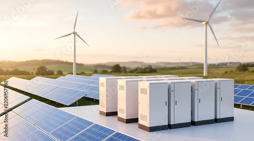 Industrial battery energy storage system units installed in large scale solar farm field with wind turbines in background during golden hour soft lighting for renewable energy conceptual
