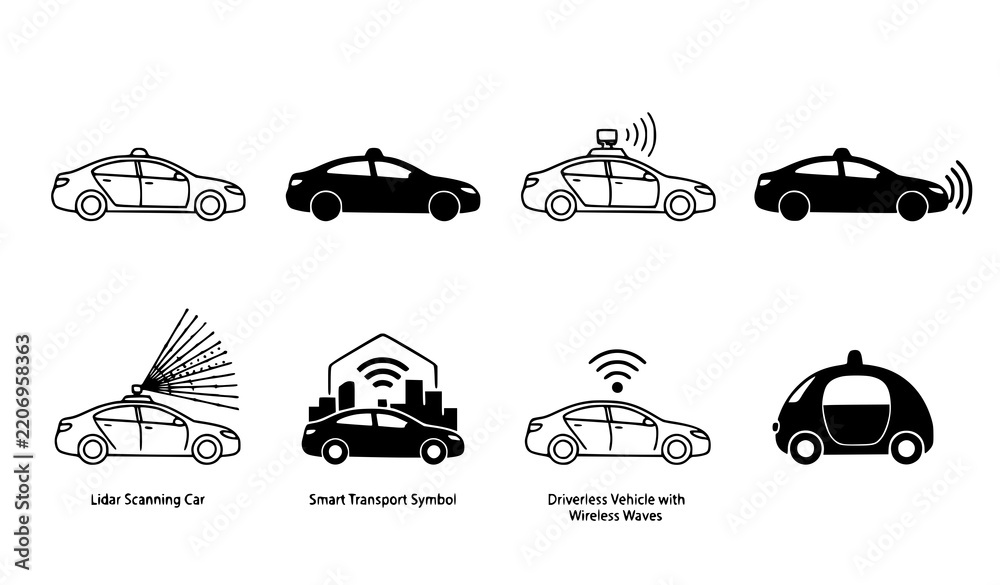 Obraz premium Minimal Autonomous Car Sensor Wave Outline and Silhouette Icons Vector Set