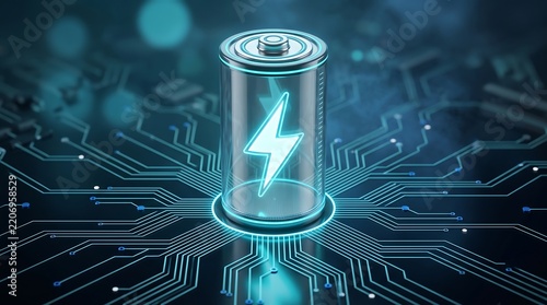 Glowing cylindrical battery cell with lightning icon inside digital circuit board background representing advanced energy storage technology and future of electric power innovation concept
