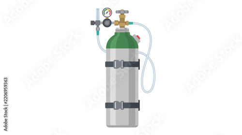 Professional medical oxygen gas cylinder with regulator and tube for respiratory patient care