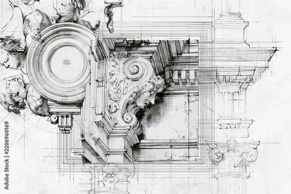Naklejka premium Architectural blueprint merging classical design elements with ornate baroque details and precise technical drawing lines on a white background