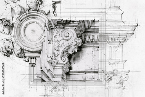 Architectural blueprint merging classical design elements with ornate baroque details and precise technical drawing lines on a white background