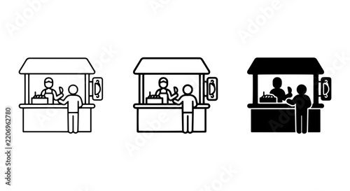 Street Food Stalls, Market Kiosks, Vendor Booths, Outdoor Cafes, Vector Icons