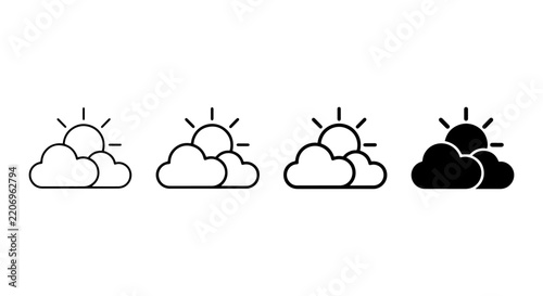 Sun and Clouds Icons, Weather Forecast Symbols, Meteorological Forecast Icons, Simple Line Art and Silhouette