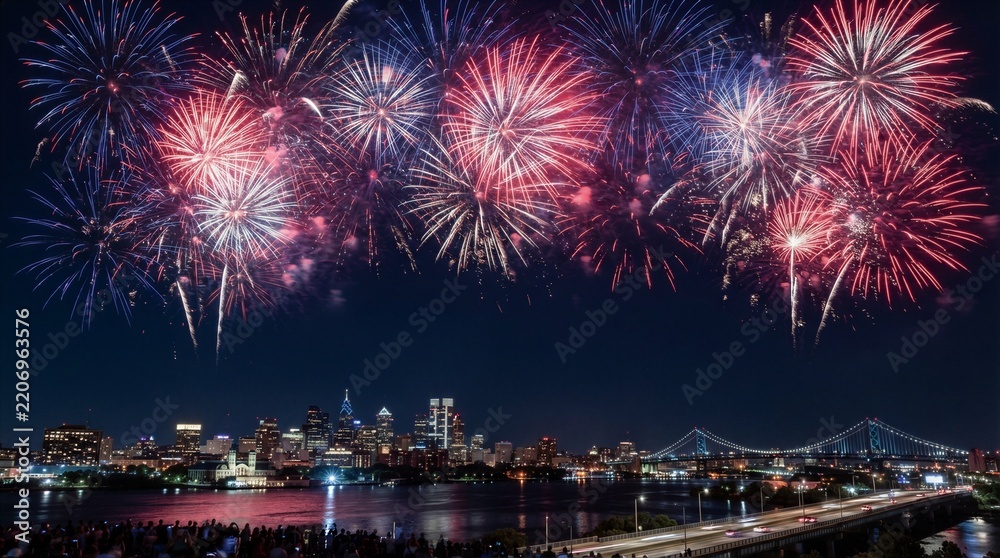 Obraz premium Fireworks explode above a glowing city skyline. Riverside crowds watch, hearts beating with wonder. Colors burst-red, blue, gold-against a dark sky. Bridge lights reflect on water below