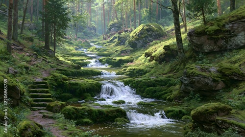 Lush green forest stream with small waterfalls and mossy rocks in morning sunlight