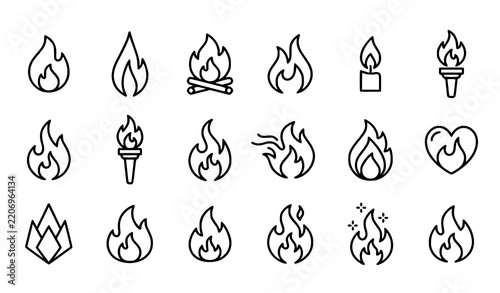 Fire flame line art icon set with various burning and energy symbols for graphic design
