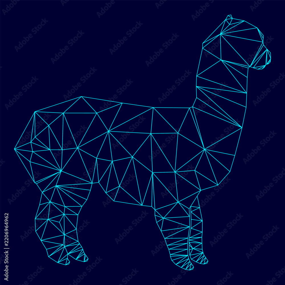 Obraz premium Alpaca in low poly triangulation triangulated polygonal electric cyan blue vibrant aqua neon color vector illustration image outline contour line