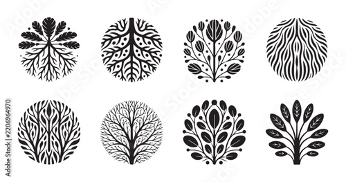 Organic black natural plant circular ornamental designs set isolated on transparent background.