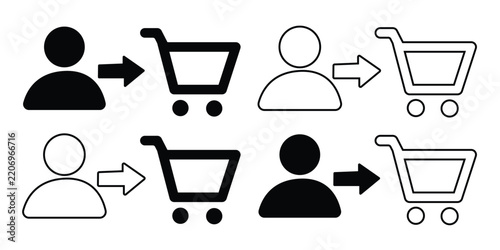 Customer purchase and shopping cart conversion for ecommerce sales funnel, online order and retail transaction vector icon set