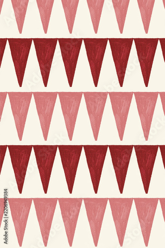 Hand-painted rows of alternating pink and deep red triangular pennants form a festive geometric pattern on cream.