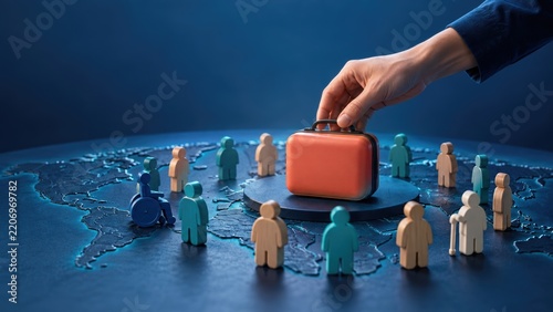 global health accessibility. Hand holding a small red suitcase over a world map surrounded by diverse human figurines symbolizing global travel.