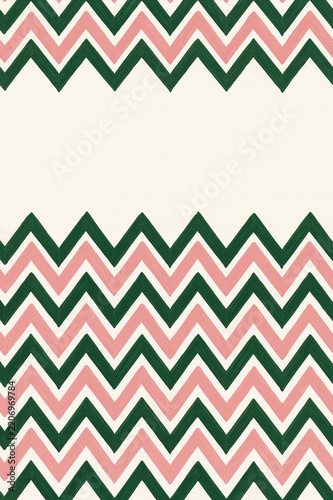 Hand painted pink and green chevron pattern frames a large cream copy space, creating a festive decorative paper background.