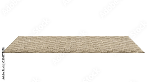 Beige wool rug with a handwoven checkerboard texture and geometric grid pattern, shown as a 3D render and visualization for modern neutral interiors.