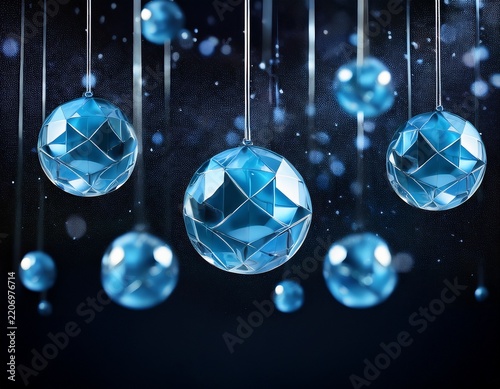 multiple blue crystalline spheres hanging in dark space
