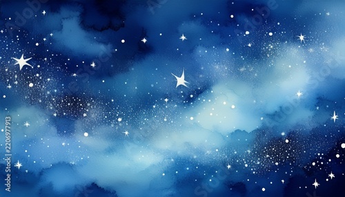 abstract blue watercolor background with white speckles resembling stars in the night sky